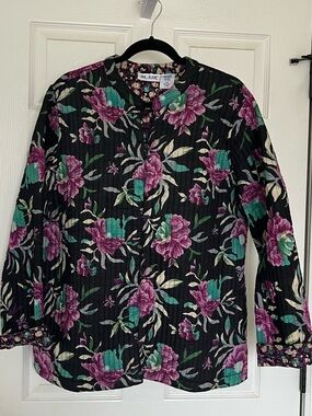 VTG Blair Reversible Cotton Quilted Floral Jacket Black Purple Cottagecore L